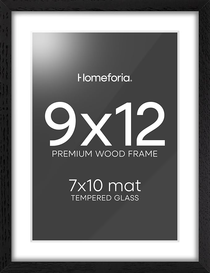 Homeforia 9x12 Black Wood Picture Frame, High End Oak 9 x 12 Frames with Mat 7 by 10 Art, 9by12 Black Wooden Frame Matted to 7x10 inch Photo, Wall or Tabletop Frame, Tempered Glass, Wall Kit, Set of 1
