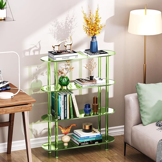 Clear Bookshelf, Acrylic Bookcase with Open Book Shelf Console Table for Entryway Office (4 Tier Green)