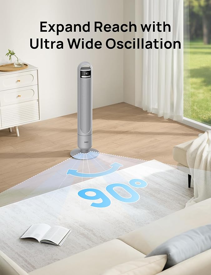 Dreo Tower Fan for Bedroom, 90° Oscillating Fan, Standing Fan with 3 Modes, 4 Speeds, 8H Timer Cooling Fans for Home, Living Room, Office, Grey, TF117