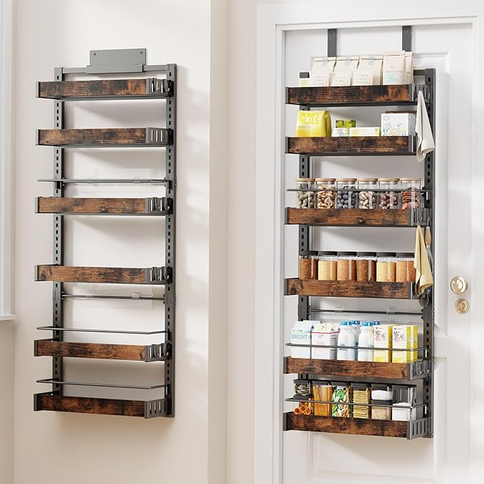 6 Tier Over The Door Pantry Organizer, 2 IN 1 Wall Mount or Metal Hanging Spice Rack for Pantry Organizers and Storage, Seasoning Shelves，Adjustable Basket with Hooks for Kitchen, Bathroom,Laundry