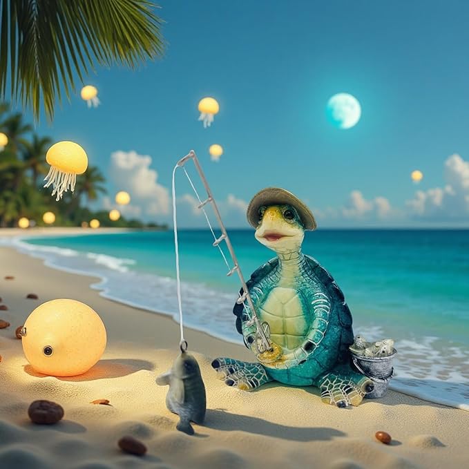 Turtle Fishing Decor, Summer Garden Statues, Nautical Coastal Beach Decorations, Home Office Decor Gifts, Bookshelf Desk Bathroom Tabletop Statue Ornament (Turtle Fishing)
