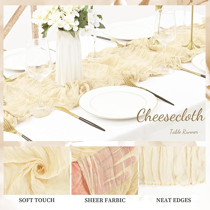 10FT 12 Pack Beige Cheesecloth Table Runner 20 x 120 Inch Long Rustic Gauze Fabric Cheese Cloth Table Runner for Wedding Bridal Baby Shower Table Decorations Boho Sheer Birthday Party Table Decor