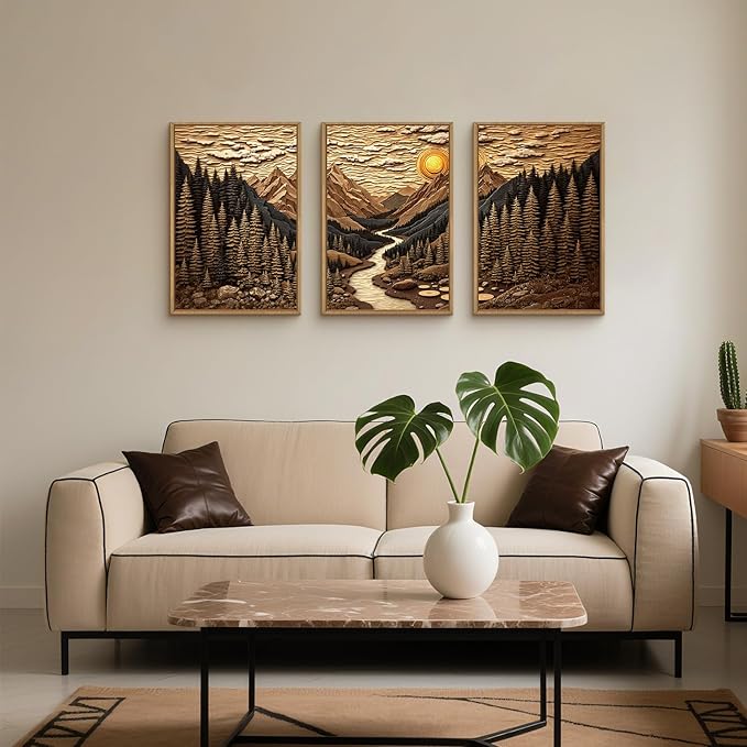 HPINUB Abstract Landscape Mountain Canvas Wall Art Set, Vibrant Sun Forest Pine Tree Wall Decor, Wilderness Nature River Artwork Rustic Scenery Art Print for Living Room,Bedroom,Office-16 x24 x3