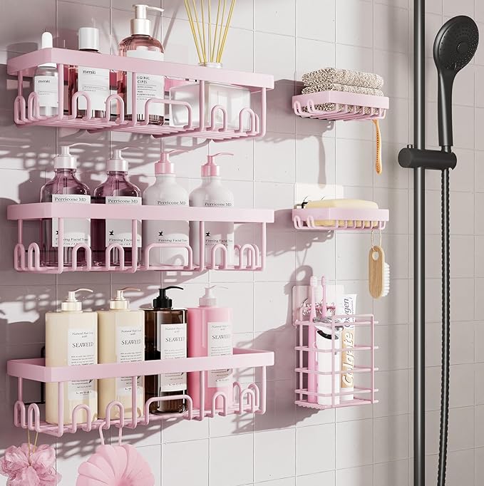 Veken Rustproof & Waterproof Shower Caddy 6-Pack, No Drilling Adhesive Shelves Rack with Soap Holder, Large Capacity Bathroom Organizers and Storage, Wall-Mounted Kitchen & Home Decor