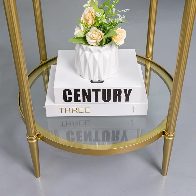 2 Tier Round Side Table, Gold End Table with Glass Top, Modern Metal Clear Coffee Tables, Small Accent Tables for Living Room, Bedroom, 18" x 18"
