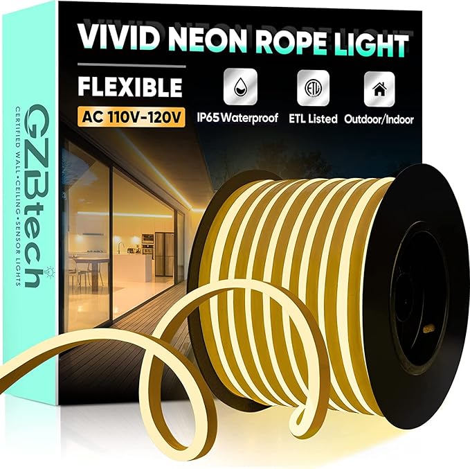 GZBtech Flexible LED Neon Rope Lights 82FT,AC 110-120V Waterproof Strip Light, 120 LEDs/M Cuttable Connectable Neon Lighting for Indoor Outdoor Home Decor/Commercial Building Use-Warm White 25M