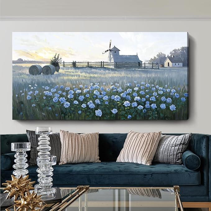 amatop Oversized Farmhouse Wall Art – Botanical Picture Flower Blue Rose & Windmill Countryside Scene Canvas Print, Large Floral Landscape Artwork Decor for Living Room Dining Room Hallway 58x29 Inch