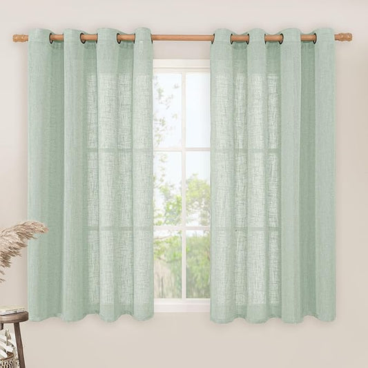 LAMIT Light Sage Linen Curtains 45 Inches Long for Bedroom, Semi Sheer Light Filtering Panels Bronze Grommet Neutral Drapes for Kitchen/Window/Bedroom, 2 Panels Set, 52 x 45 Inch