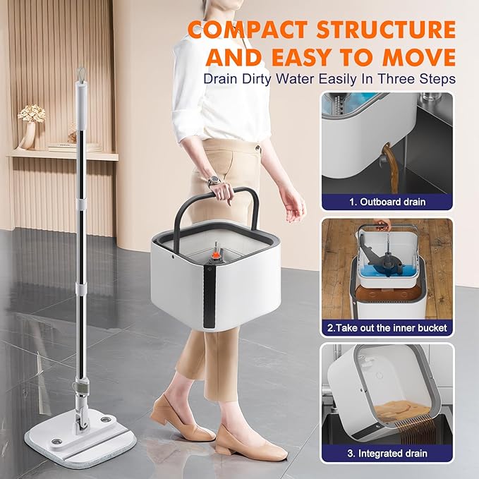 Upgraded Self-Standing Spin Mop and Bucket System, Detachable Inner Mop Bucket That Separates Dirty Water & 90° Foldable Head, Triple-Scrubbing System, for Hardwood Floors - White with 2 Pads