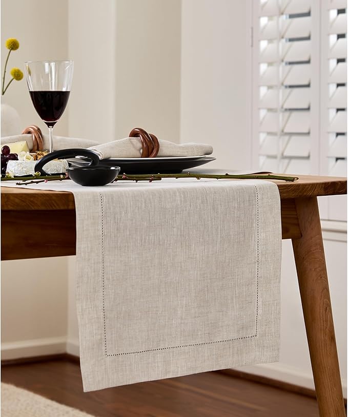 Solino Home Linen Light Natural Table Runner 72 Inches Long - 100% Pure Linen Hemstitch Table Runner 14 x 72 Inch for Dresser, Dining, Fall, Autumn, Halloween, Thanksgiving - Classic Hemstitch
