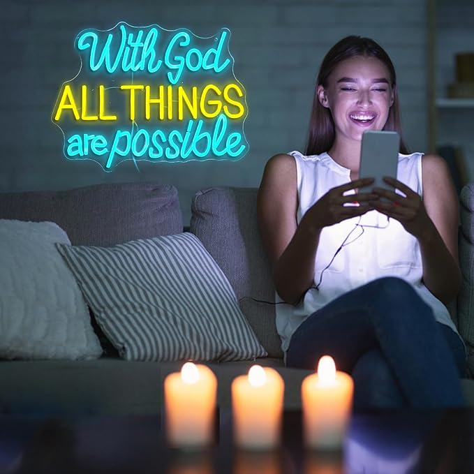 With God All Things Are Possible Neon Sign 16.5 * 12.6 Inch Led God Light Up Sign Dimmable USB Neon Light for Room Wedding Party Church Wall Decor (Ice Blue Yellow)