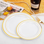 FLOWERCAT 60PCS Gold Plastic Plates - Heavy Duty White and Gold Plastic Plates Disposable for New Year/Thanksgiving Party/Wedding - Include 30PCS 10.25" Dinner Plates and 30PCS 7.5" Dessert Plates