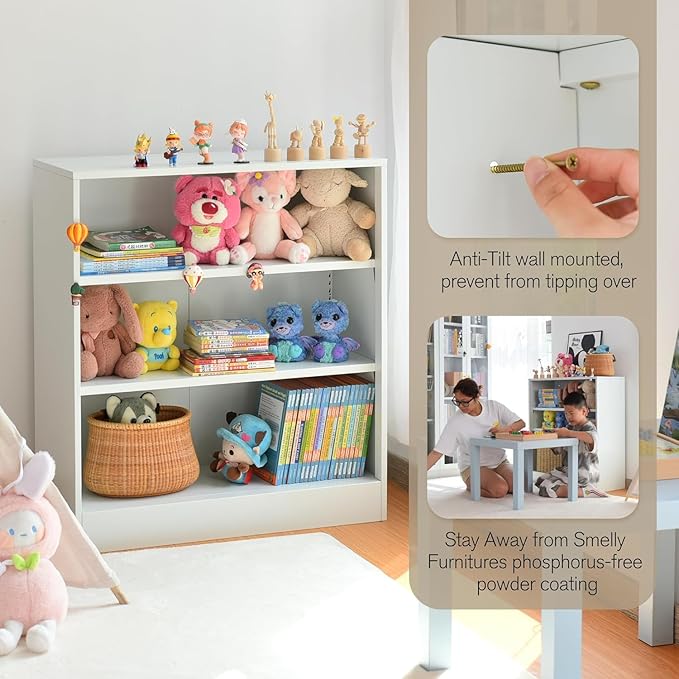 3-Tier Bookshelf with Adjustable Shelves, White Metal Space Saving Storage Shelf Bookcase, Small Open Storage Shelf for Living Room, Home Office, Dinning Room, Pantry (White-36H)