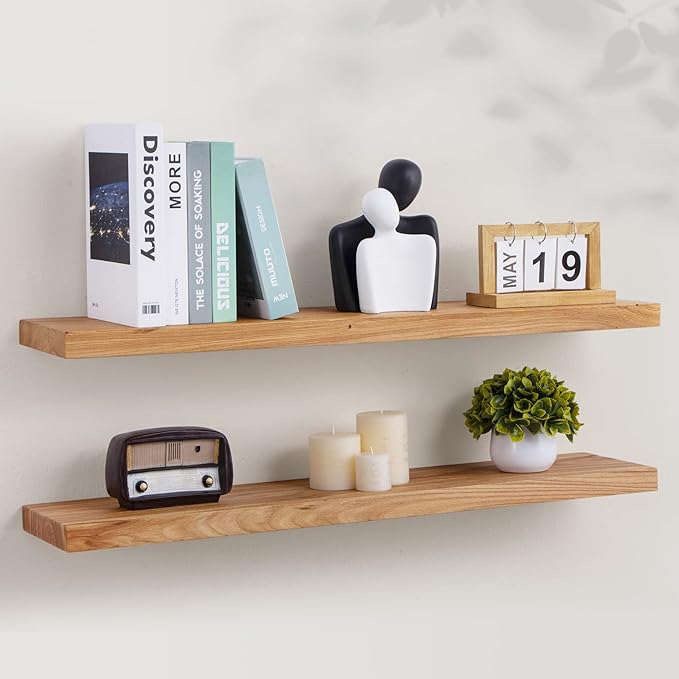 Axeman Floating Shelves for Wall, 8 Inch Deep Rustic Solid Elm Wood Wall Shelves for Storage, Wall Mounted Display Shelving with Invisible Heavy-Duty Metal Bracket, 36'' Width Set of 2, Natural