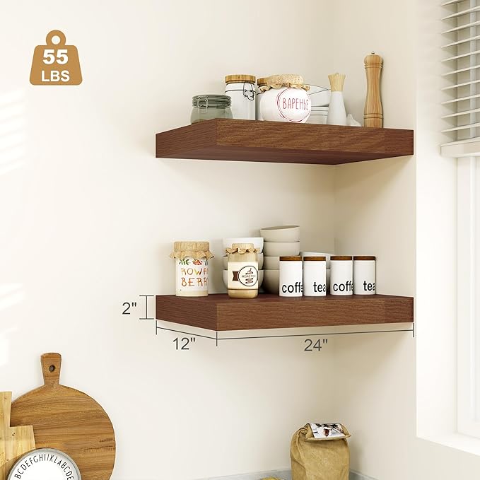 Heimlove 12" Deep Floating Shelves for Wall, 24 Inch Wall Shelf Bathroom Shelves Set of 1, Wall Mounted Shelves for Books Living Room Laundry Room Bedroom Kitchen Home Office, Walnut