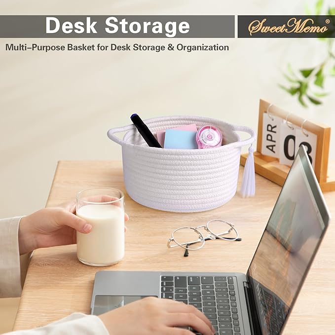 Small Gift Basket Empty to Fill – SweetMemo Cute Woven Organizer Baskets with cellophane wrap for Kids, Baby Shower, Office, Bathroom, Bedside – Little Decor Cotton Rope Bin with Handles - White