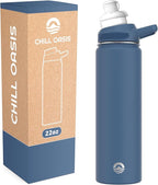 Chill Oasis Water Bottle | Compatible With Popular Flavor Cartridges | BPA Free, Leak Proof, Double-Walled Vacuum Insulated Stainless Steel, and Dishwasher Safe | Cold for 24 Hours (Navy, 22oz)