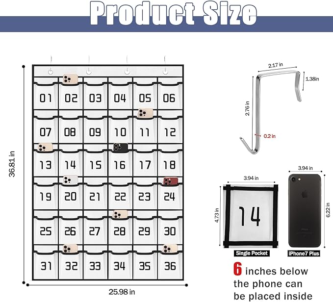 Loghot Classroom Accessories Closet Pocket Chart for Cell Phones Holder Wall Door Hanging Organizer (36 Pockets White)