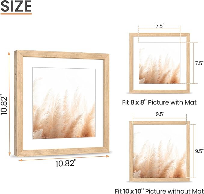 upsimples 10x10 Frame, Natural Solid Wooden Picture Frames, Display 8x8 with Mat or 10 x 10 Without Mat, Wall or Tabletop, 1 Pack, Natural