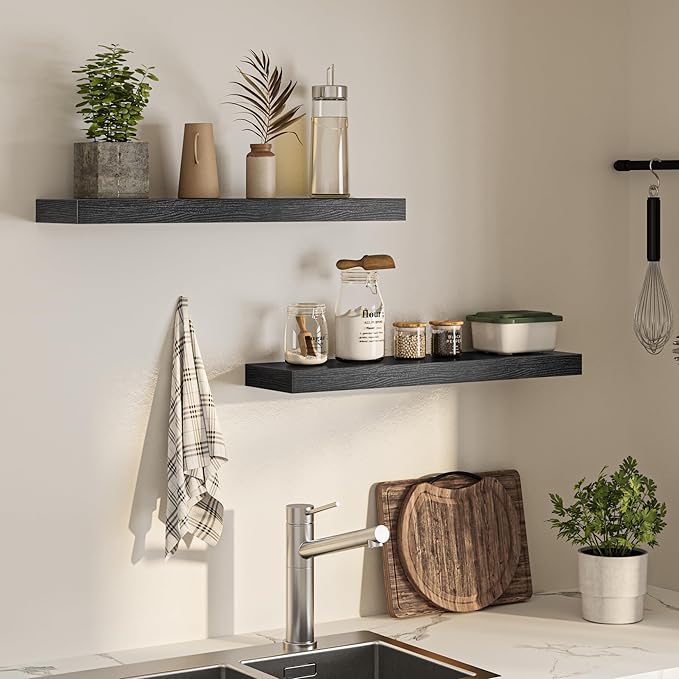 Floating Shelves for Wall, 31.5" W x 6.7" D x 1.5" H, Wooden Wall Mounted Display Shelves with Invisible Brackets for Living Room, Bedroom, Bathroom, Kitchen Decor and Storage, Set of 2, Black
