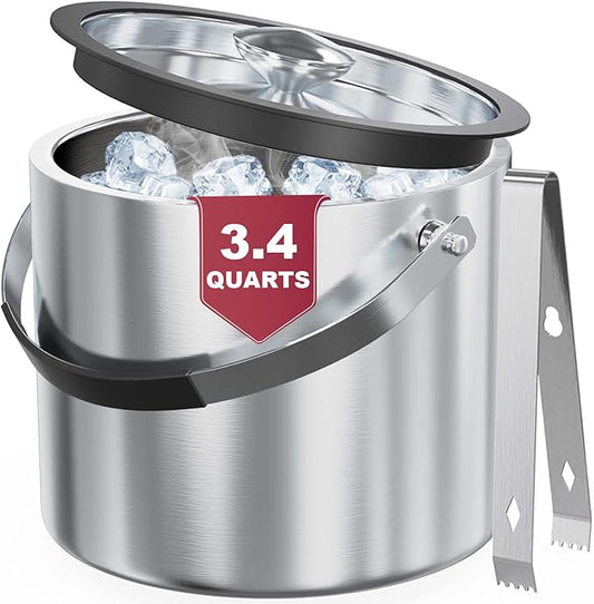 3.2 Liter Ice Bucket with Silicone Lid, Strainer, Tongs, Double Wall Insulated Stainless Steel Ice Bucket Wine Bucket for Cocktail Bar and Parties