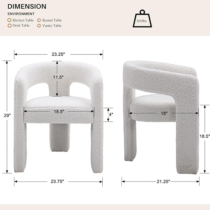White Boucle Dining Chairs Set of 2, Modern Barrel Dining Room Chairs Upholstered Faux Fur Accent Chair with Arms and Round Back for Living Room Kitchen Armchair No Assembly Needed