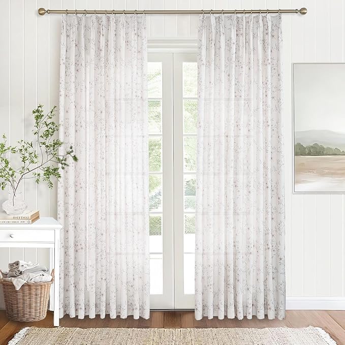 Pink Floral Pinch Pleated Linen Curtains - 2 Panels of Privacy Light-Filtering Printed Curtains Suitable for Dining Rooms and Farmhouses.52 Inches Wide by 84 Inches Long