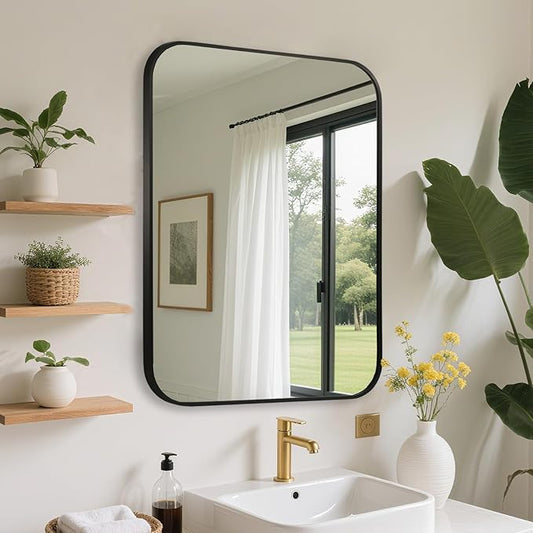 FARMER 22x30 Inch Black Bathroom Mirror, Rectangle Vanity Mirror, Brushed Mirrors for Wall, Metal Frame Hanging Mirror with Round Corner for Bedrooms, Entryways, Living Rooms, Horizontal/Vertical