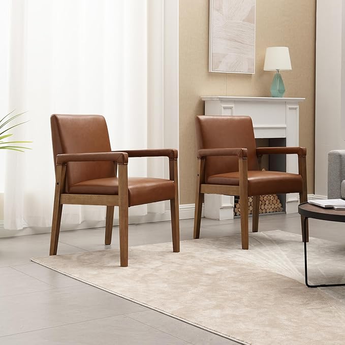 Mid Century Modern Dining Chairs Set of 2 Faux Leather Upholstered Living Room Side Chair, Kitchen Arm Chair with Solid Wood Legs for Home Kitchen & Restaurant, PU Brown