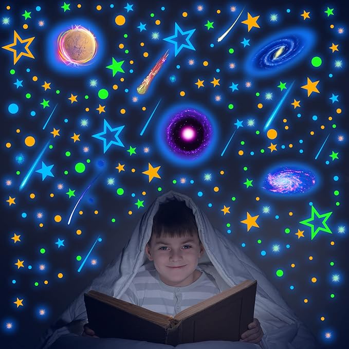 Spakon 495 Pcs Glow in The Dark Moons and Stars Wall Decals for Ceiling,Glowing Planets Wall Stickers Removable Galaxy Solar System Space Decal Nursery Stickers for Kids Bedroom Living Room Decor