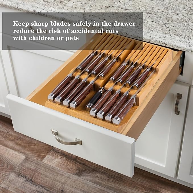 Bamboo Kitchen Drawer Knife Holder, In-drawer Knife Block, Knife Drawer Organizer fit for 16 knives and 1 steel sharpening