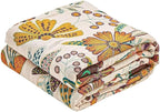 Boho Throw Blanket, 100% Cotton Ultra Soft Luxury Throw Rustic Quilt, 60"x80" Floral Printed Farmhouse Decor Bed Summer Blankets, All Season Rustic Reversible Bohemian Throw for Bed - White