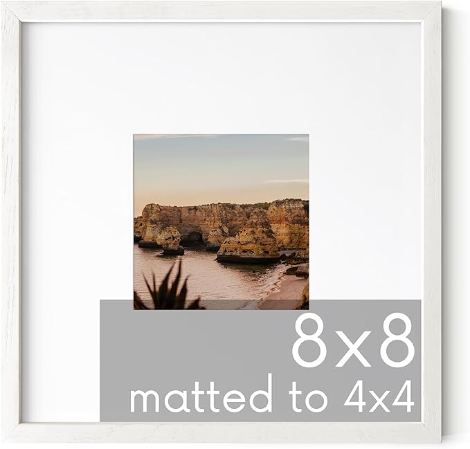 HAUS AND HUES Solid Oak 8"x8" Picture Frame Matted to 4"x4" - 8x8 Square White Picture Frames, Square Picture Frame Wood, 8 x 8 Picture Frames with Mat, White Poster Frames with Matting