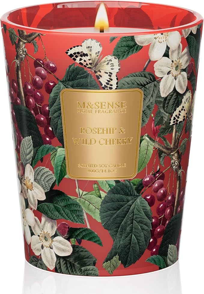 M&SENSE Wild Cherry Scented Candle, Natural Soy Wax Candles 14.1oz 60H Slow Burning Non Toxic, Stress Relief Romantic Gifts for Women Home Decor