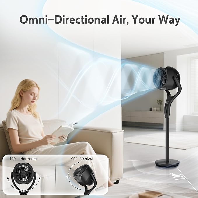 Standing Fan for Bedroom, 90° & 120° Oscillating Pedestal Fan, 3 Heights Adjustable Floor Fan with Brushless DC Motor, 12 Speeds, 3 Modes, Night Light, 12H Timer, Remote for Home, Dorm, Office