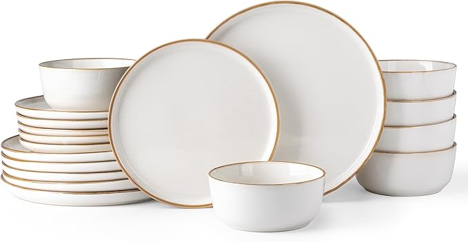 GBHOME Ceramic Dinnerware Sets for 6, 18 Pieces Stoneware Plates and Bowls Sets, Scratch Resistant Dishes, Dishwasher & Microwave Safe, Reactive Glaze-White