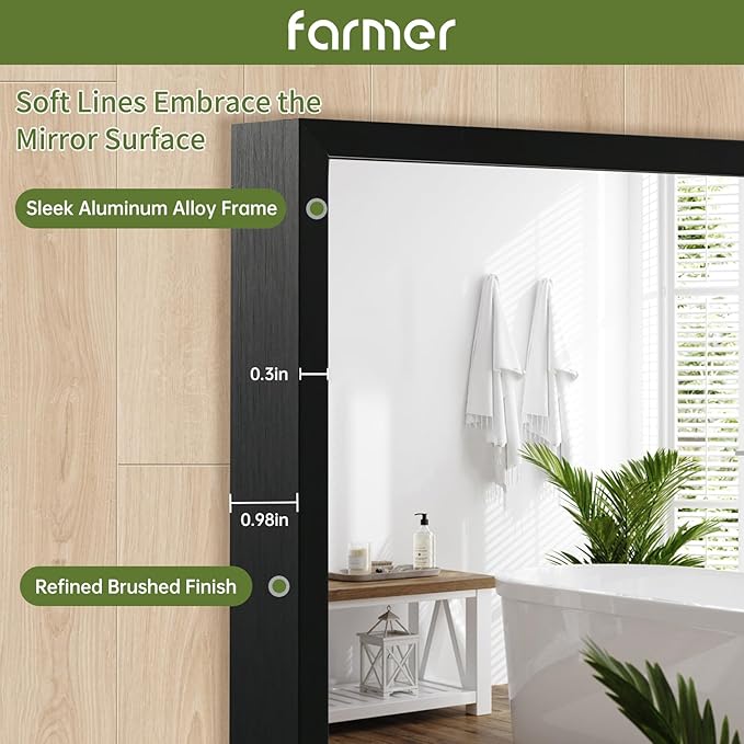FARMER 16x24 Inch Black Bathroom Mirror, Rectangle Wall Mounted Mirror, Vanity Mirror, Brushed Square Mirror, Framed Bathroom Mirror for Bedrooms, Entryways, Living Rooms, Horizontal/Vertical
