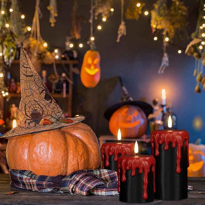 Wondise Halloween Flameless Candles with 6H Timer, Battery Operated Dripping Real Wax Black LED Pillar Candles 3D Wick Flickering Spooky Halloween Indoor Decoration (3 Pack, 3 x 4,5,6 Inches)