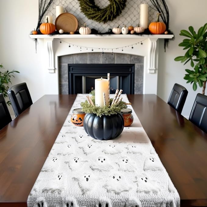 Halloween Table Runner Ghost Soft Plush Faux Fur Halloween Table Runner Hallowee Home Decor, Holiday Kitchen Dining Table Decoration for Home Party Decor 13x72 Inch