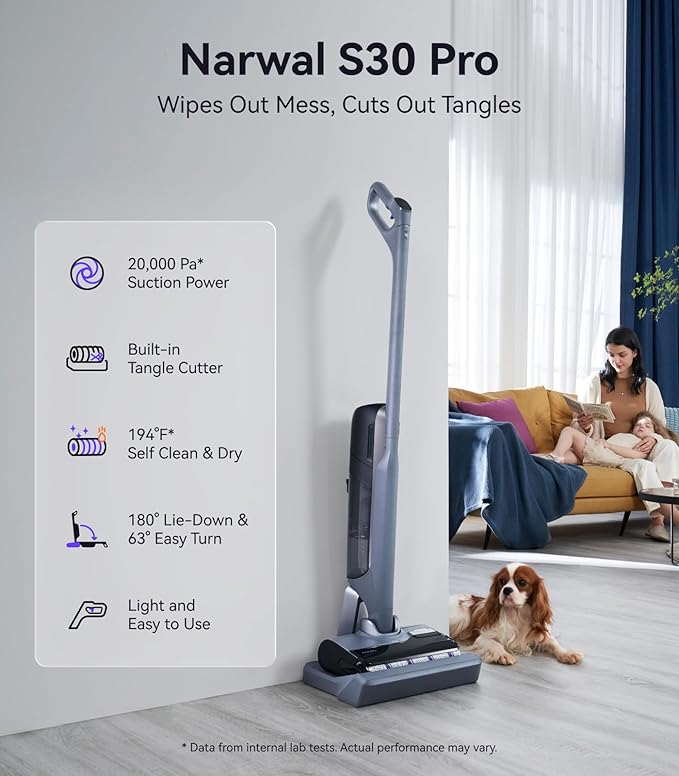 NARWAL S30 Pro Wet Dry Vacuum Cleaner with 20000Pa Suction, Cordless Vacuum Mop for Hard Floors, Tangle-Free Hair-Cutting, 180° Lie Flat, 194°F Self-Cleaning, Disposable Waste Bag, Edge Cleaning