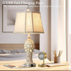 Set of 2 Rustic Table Lamps for Living Room Bedroom, Farmhouse Vintage Nightstand Lamp with 2 USB Ports, Hollow Out Resin Lamp for End Table with Nightlight, Bulbs Included (Wash White)