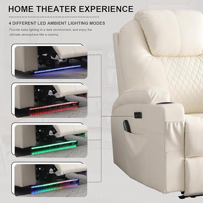 Power Recliner Chair with Heat and Massage, PU Leather Home Theater Seating with LED Lights/Cup Holders/Side Pocket/USB Port, Reclining Sofa Chair for Living Room (1, Beige)