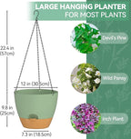 ZMTECH 12 Inch Hanging Planters for Indoor Outdoor Plants, 1 Pack Self Watering Hanging Plant Pots with Drainage Holes and Removable Saucer, Plastic Flower Hanging Pots with Watering Lip (Green)