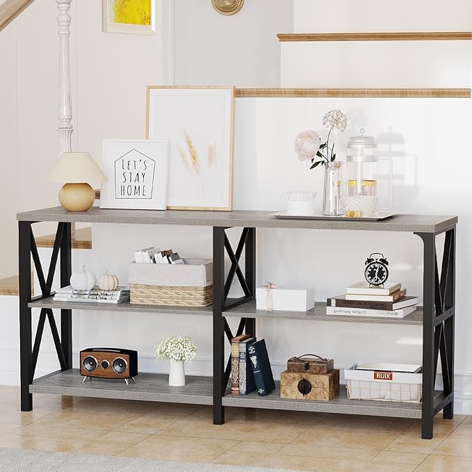 LVB Industrial Entryway Table, Farmhouse Rustic Console Table Behind Couch, Long Metal Wooden Sofa Table with Storage Shelf, Modern Foyer Hallway for Living Room Bedroom, Light Grey Oak, 63 in