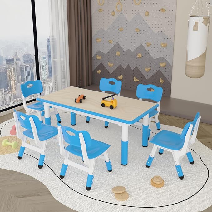 Kids Study Table and 6 Chairs Set,Height Adjustable Table and Chairs for Children and Toddlers,47.2"X23.6"Graffiti Desktop,Suitable for Daycare,Classrooms, Home