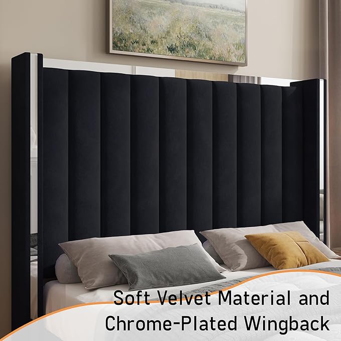 Jocisland Queen Size Bed Frame with 58" Tall Headboard, Velvet Upholstered Platform Bed with Channel Tufted Wingback Headboard and Plating Trim, No Box Spring Needed, Black