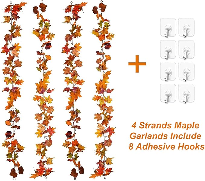 Lvydec 4 Pack Fall Maple Garland - 5.9ft/Strand Artificial Fall Foliage Garland Realistic Maple Leaves Autumn Decor for Home Wedding Halloween Thanksgiving Party (Mixed Color)