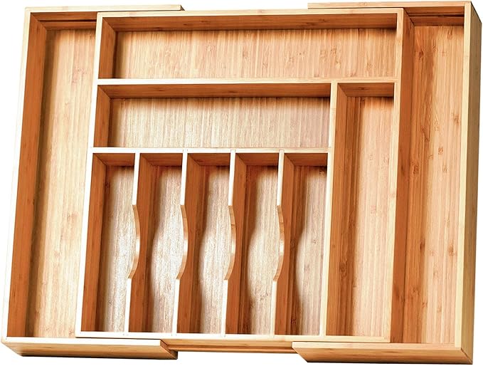 Umilife Extra Large Expandable Kitchen Siverware Utensils Drawer Organizer, 19" Deep for Big Drawer, Adjustable Bamboo Wood Drawer Divider with Curved Grooves, Cutlery Tray Flatware Holder