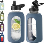 64 oz Glass Water Bottle With Straw and Handle, Half Gallon Sports Motivational Water Jug Flask with Silicone Sleeve, Large Water Cup with Time Marker for Travel, Gym, Dark Blue