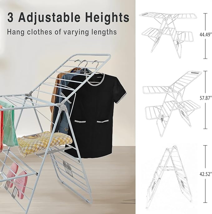 Large Capacity Double Drying Rack, Folding Rustproof Drying Rack with Non-Slip Clips and Drainage Shoe Rack, Height Adjustable, Airy and Quick Drying, Suitable for Balcony and Outdoor Use